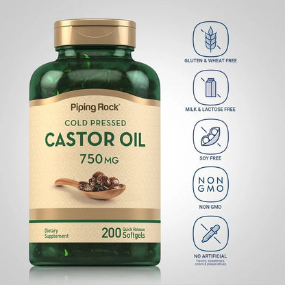Capsulas Blandas Aceite De Ricino 750 Mg 200 Unidades Prensado En Frio Sin Omg Sin Gluten