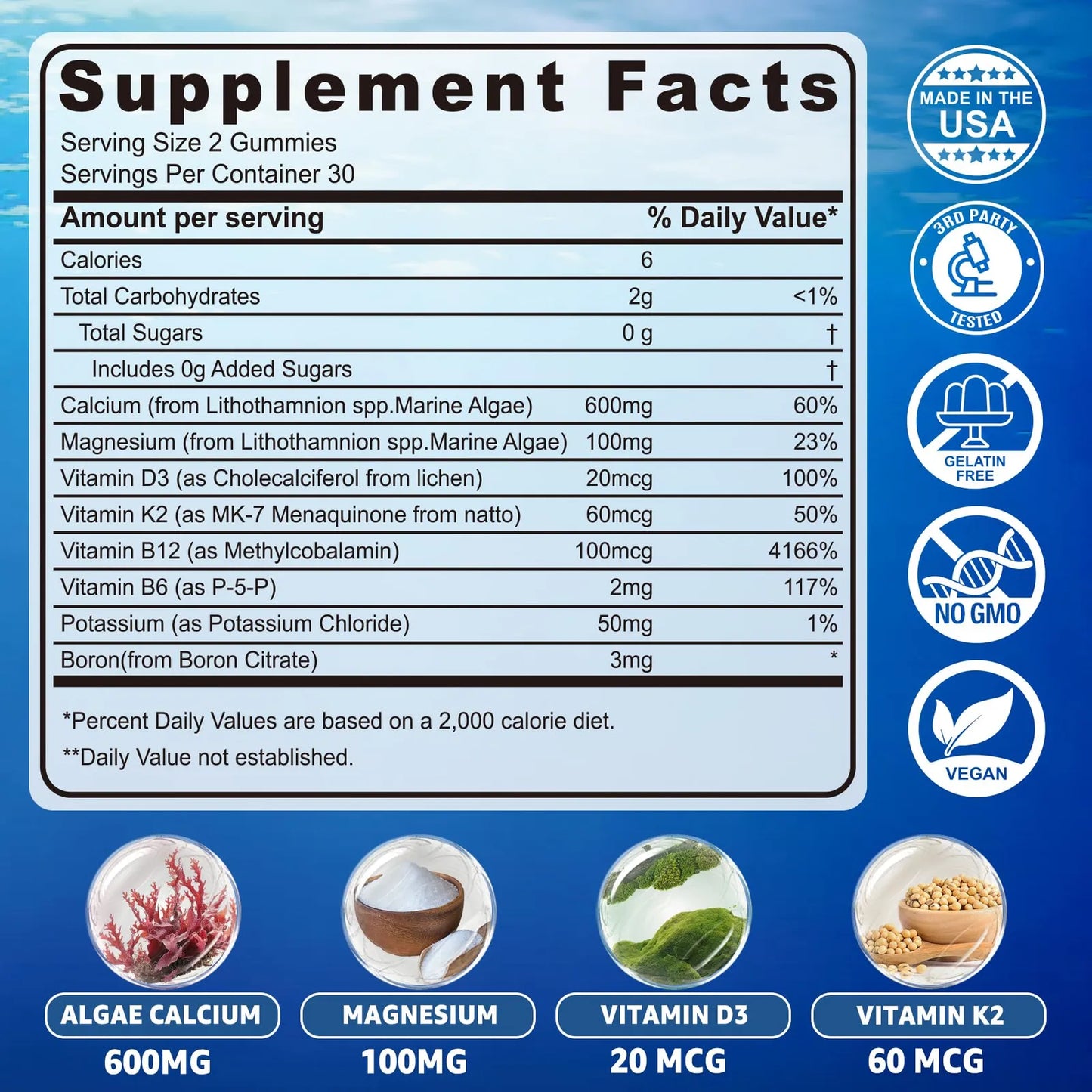 Gomitas De Calcio 600 Mg Algas Oceánicas Vitamina D3 K2 Magnesio Suplemento Óseo