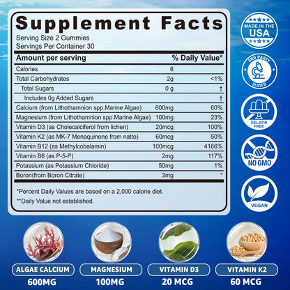 Gomitas De Calcio 600 Mg Algas Oceánicas Vitamina D3 K2 Magnesio Suplemento Óseo