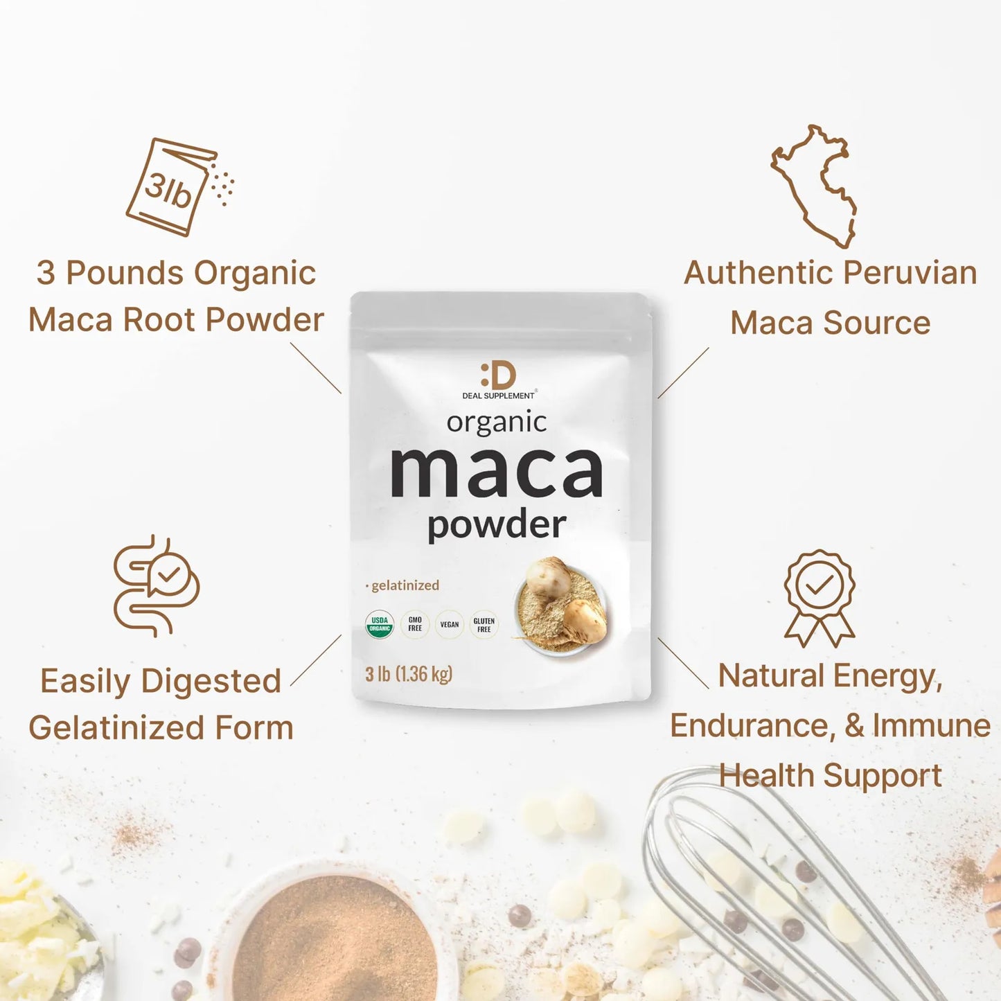 Polvo De Maca Peruana Organica 3 Libras Gelatinizada Facil Digestión Energía Vitalidad