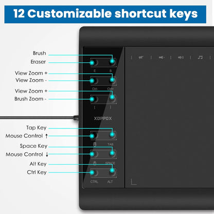 Tableta Grafica Xoppox 10x6 Pulgadas Lápiz Sin Batería 8192 Niveles Presión Compatible PC Mac Android
