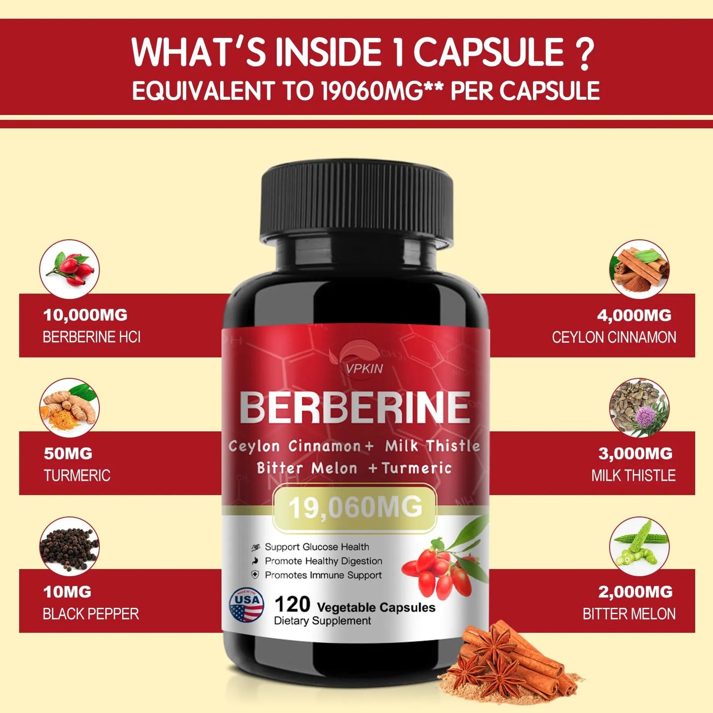 Suplemento De Berberina 500 Mg Con Canela De Ceilán Y Cardo De Leche 120 Cápsulas