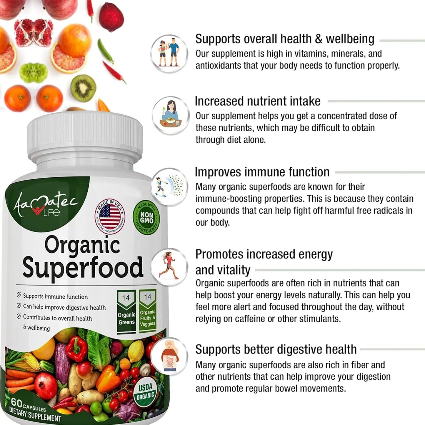 Verde Orgánico Superfood Complejo Frutas Verduras 14 Variedades Suplemento Dietético