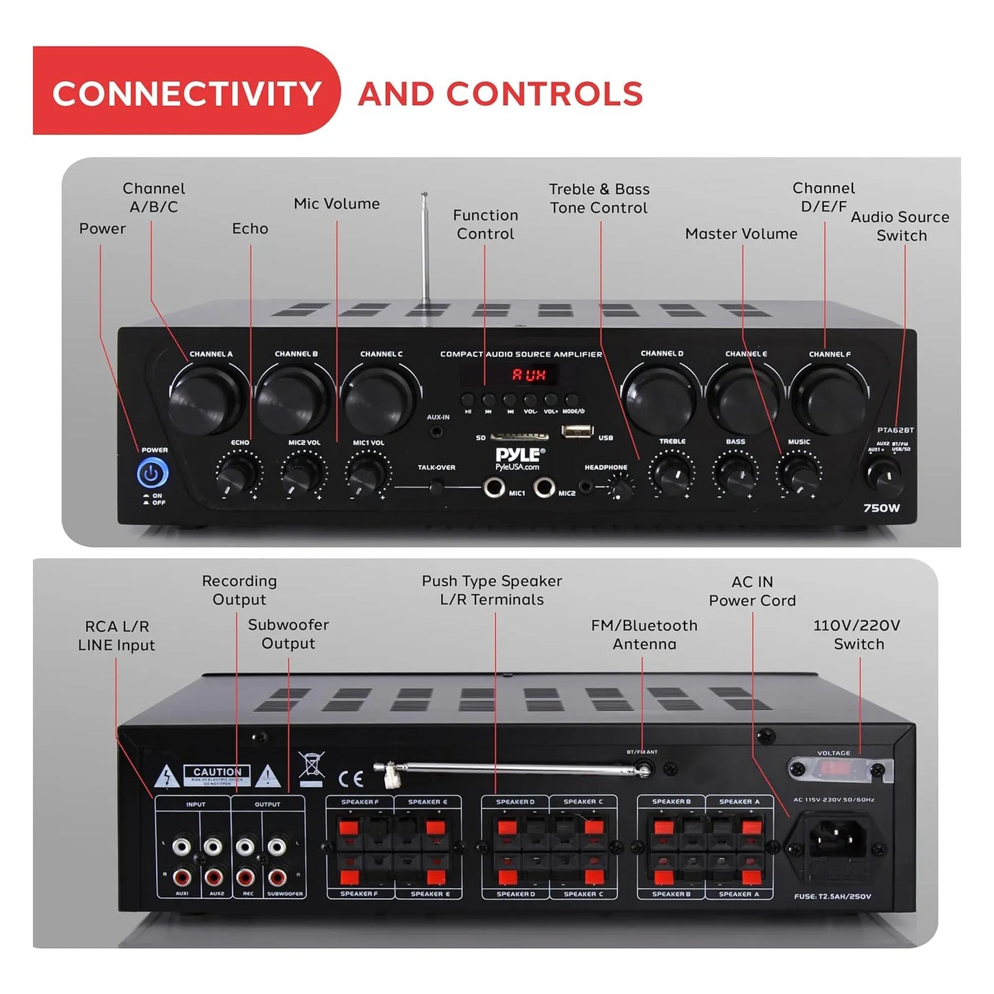 Amplificador Bluetooth Pyle 6 Canales 750W Sonido Potente Y Versatil