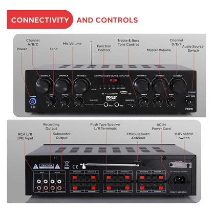 Amplificador Bluetooth Pyle 6 Canales 750W Sonido Potente Y Versatil