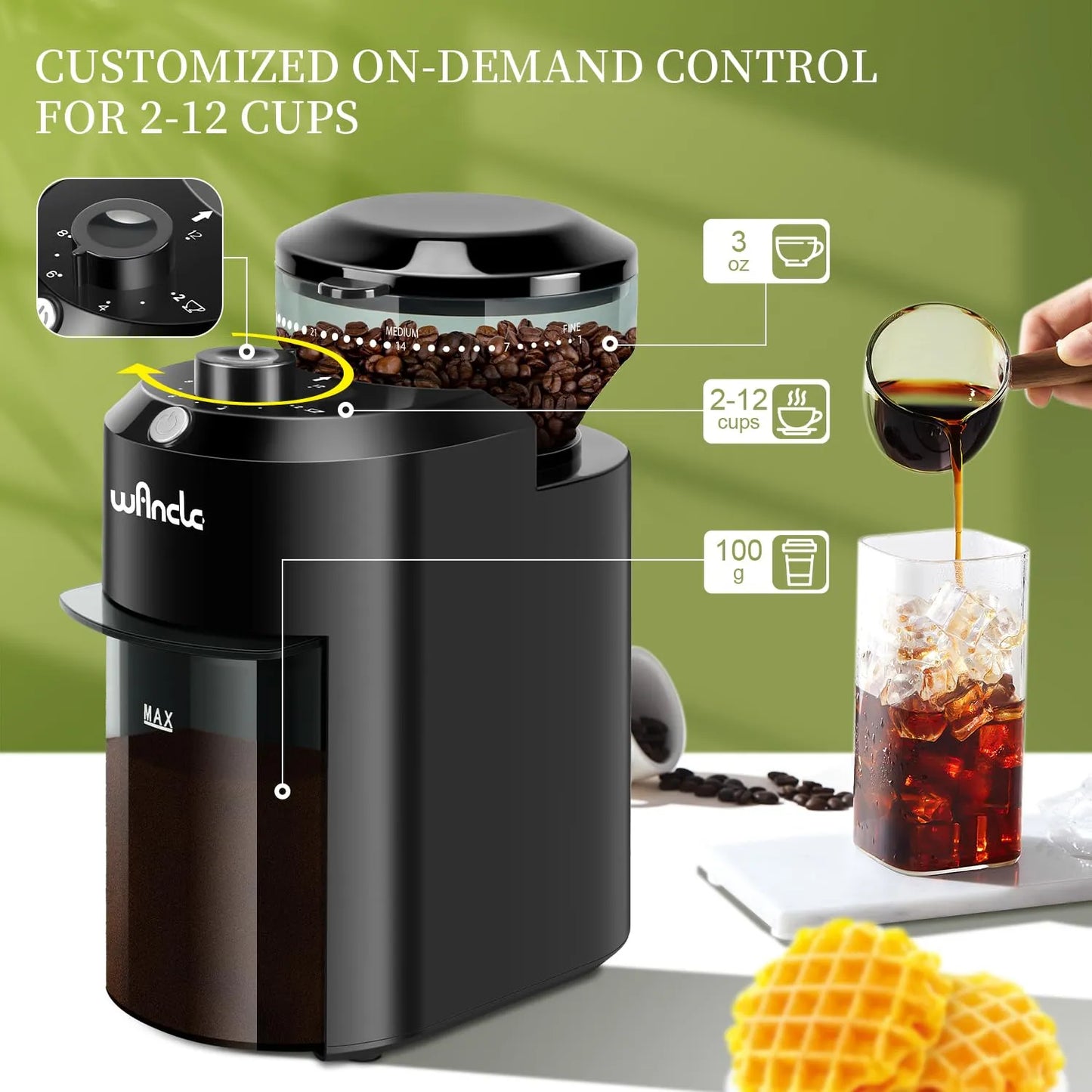 Molinillo Electrico De Cafe Ajustable 28 Niveles Molienda 12 Tazas Negro