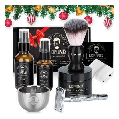 Kit De Afeitado Premium Hombre Maquinilla Seguridad Cuchillas Repuesto Crema Sandalo Regalo