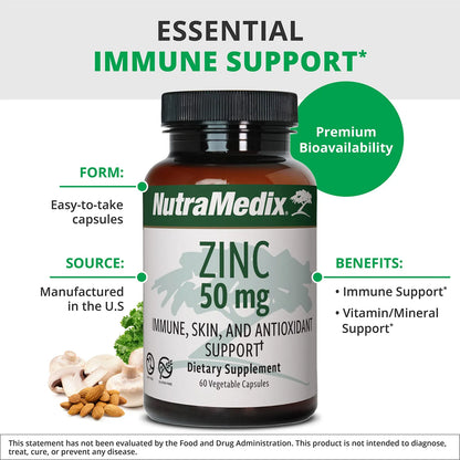 Zinc 50mg NutraMedix Suplemento Para Defensa Inmune Y Piel Saludable 60 Cápsulas