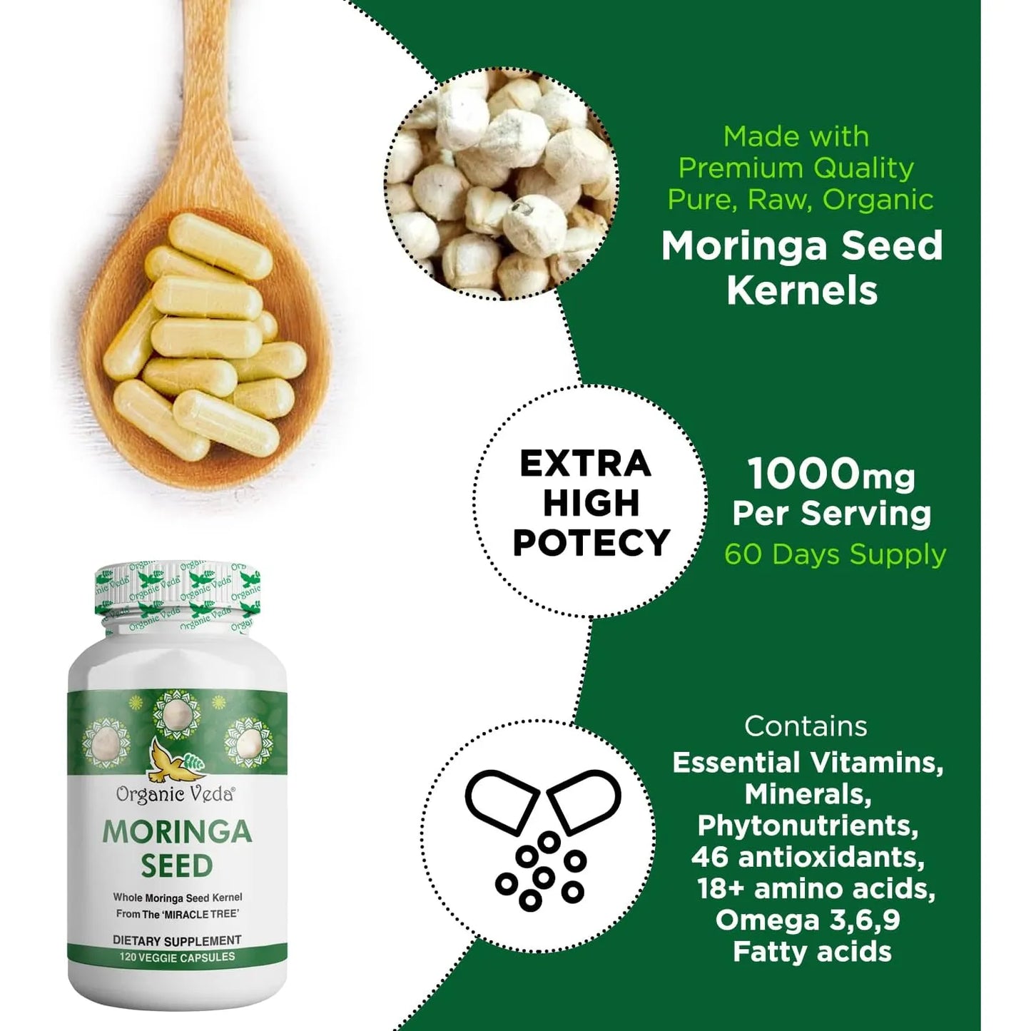 Capsulas De Moringa Organica 1000 Mg Energia Piel Radiante Digestión Saludable