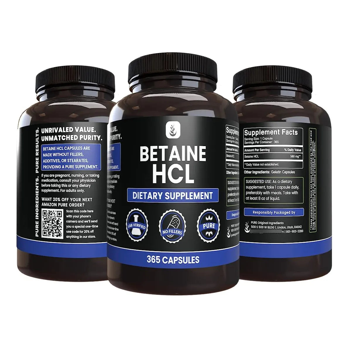 Betaína HCL 365 Cápsulas Puro Suplemento Digestivo USA
