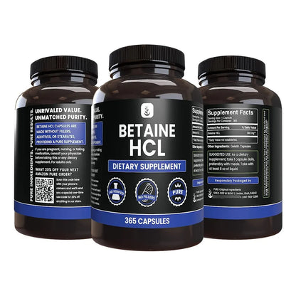 Betaína HCL 365 Cápsulas Puro Suplemento Digestivo USA