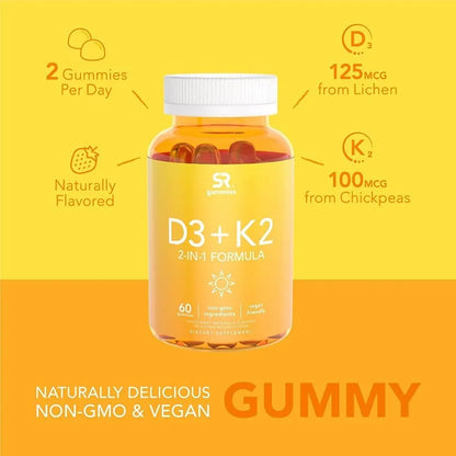 Vitamina D3 + K2 5000iu Gomitas Veganas Huesos Fuertes Salud Inmunológica