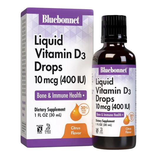 Vitamina D3 Liquida 400 UI Gotas Sabor Citricos BlueBonnet Suplemento Salud Osea E Inmune