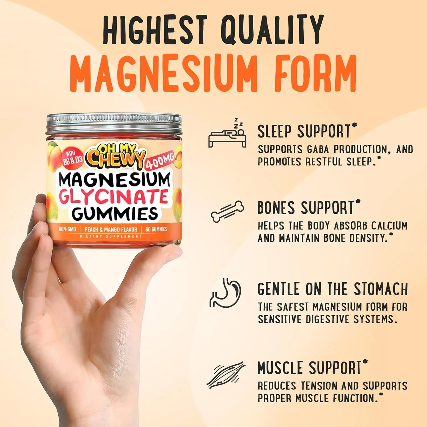 Gomitas Glicinato Magnesio 400 Mg Sueño Relajacion Muscular Sabor Frutal Veganas