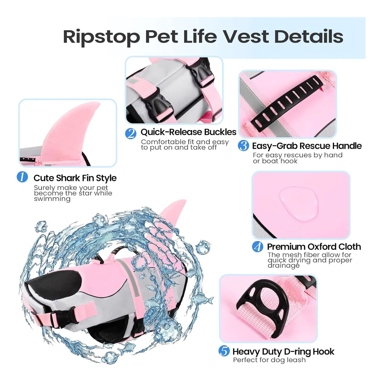 Chaleco Salvavidas Para Perros Talla XL Tiburón Rosa Seguridad y Estilo