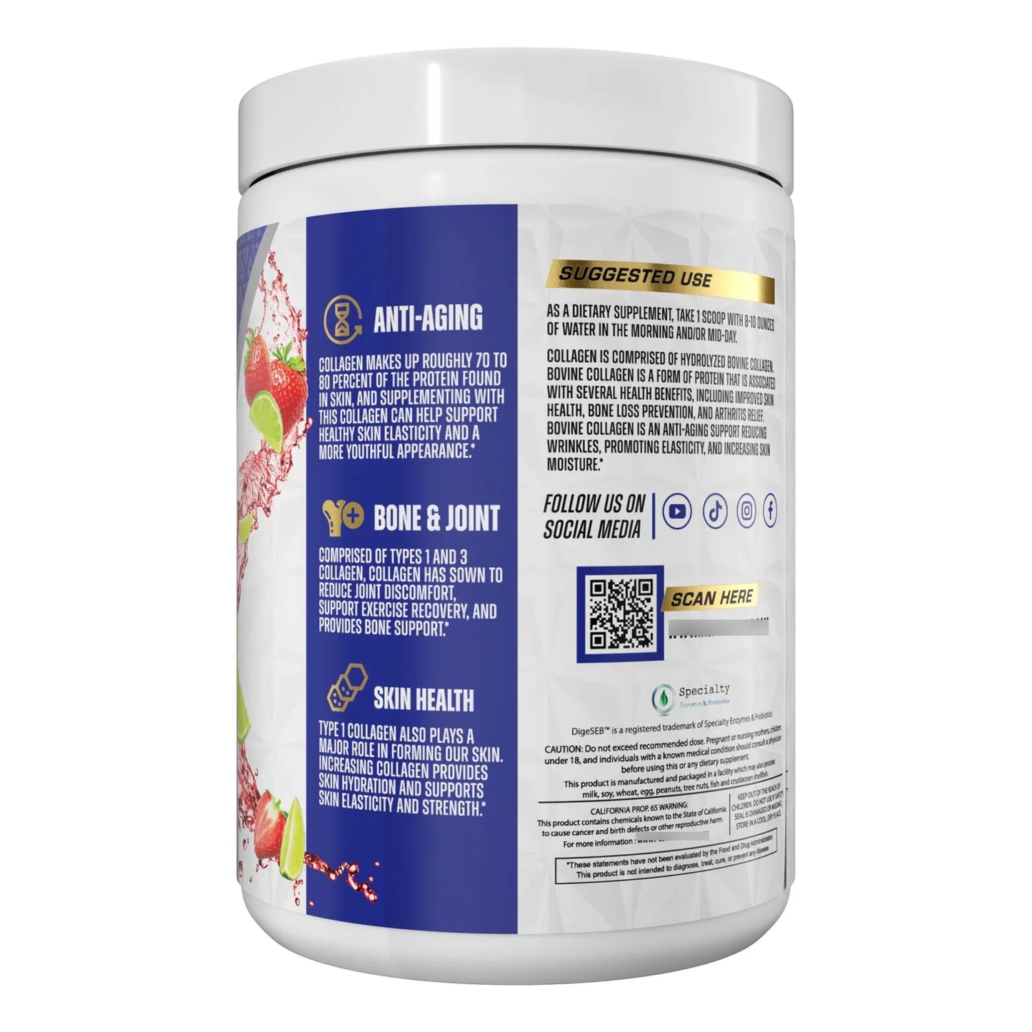 Polvo De Proteína De Colágeno Hidrolizado Con Péptidos Y Enzimas Digestivas Sabor Lima Fresa 30 Porciones