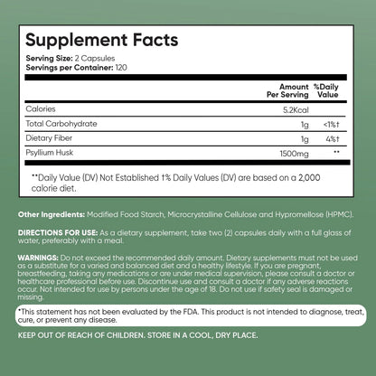 Cápsulas De Cáscara De Psyllium 1500 Mg 240 Unidades Veganas Sin OMG