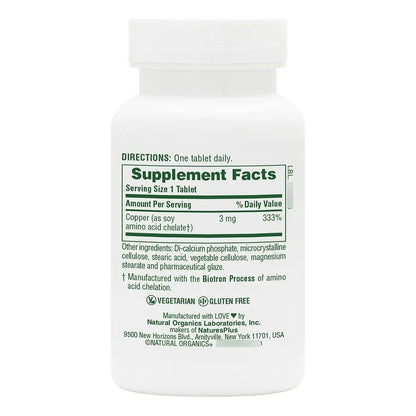 Cobre 3 Mg 90 Tabletas Apoya El Bienestar General Sin Gluten