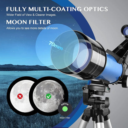 Telescopio Aomekie 70/400 Con Adaptador De Telefono Ideal Para Principiantes Y Niños