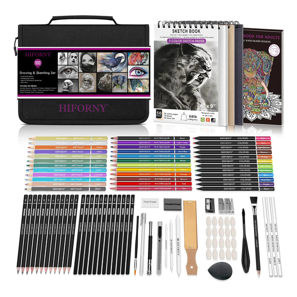 Kit Profesional 100 Piezas Dibujo Y Bocetos Con Lápices Grafito Carbón Y Acuarela