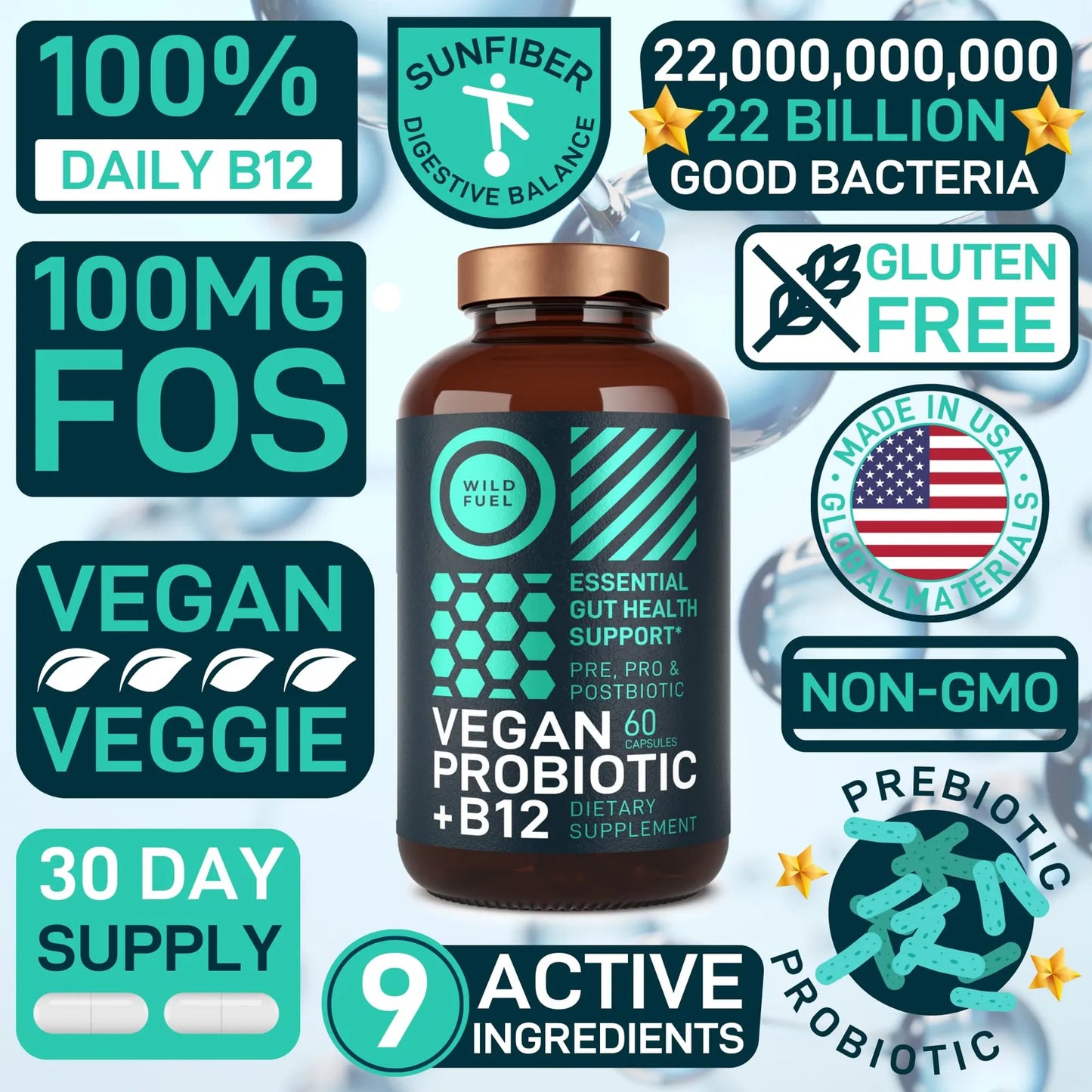 Probiótico Vegano Plus B12 22 Mil Millones CFU Con Prebióticos Salud Intestinal Y Energía
