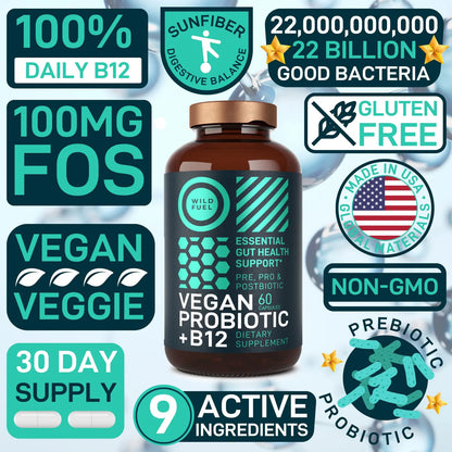 Probiótico Vegano Plus B12 22 Mil Millones CFU Con Prebióticos Salud Intestinal Y Energía