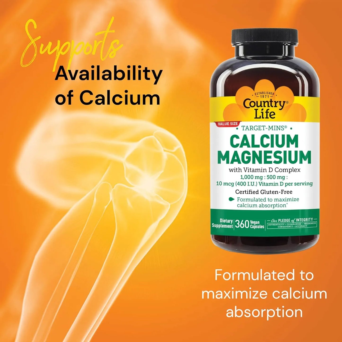 Country Life Calcio Magnesio Con Vitamina D Complex 460 Caps Suplemento Huesos Fuertes