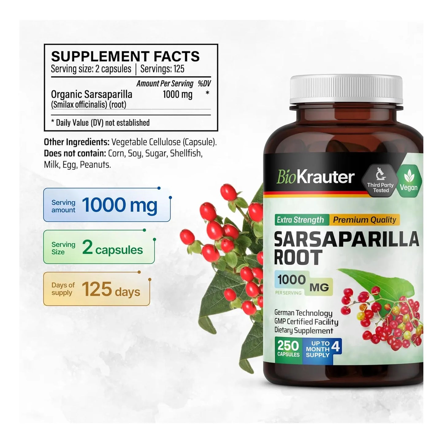 Capsulas De Raiz De Zarzaparrilla 1000 Mg 250 Unidades Veganas Desintoxicacion Natural