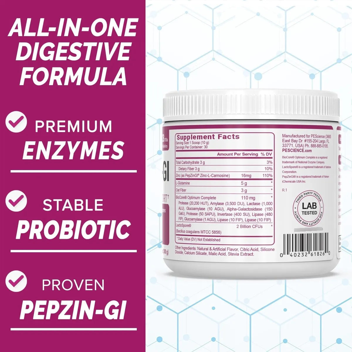 PEScience Complete GI Polvo Salud Intestinal Frambuesa Probióticos Enzimas Digestivas