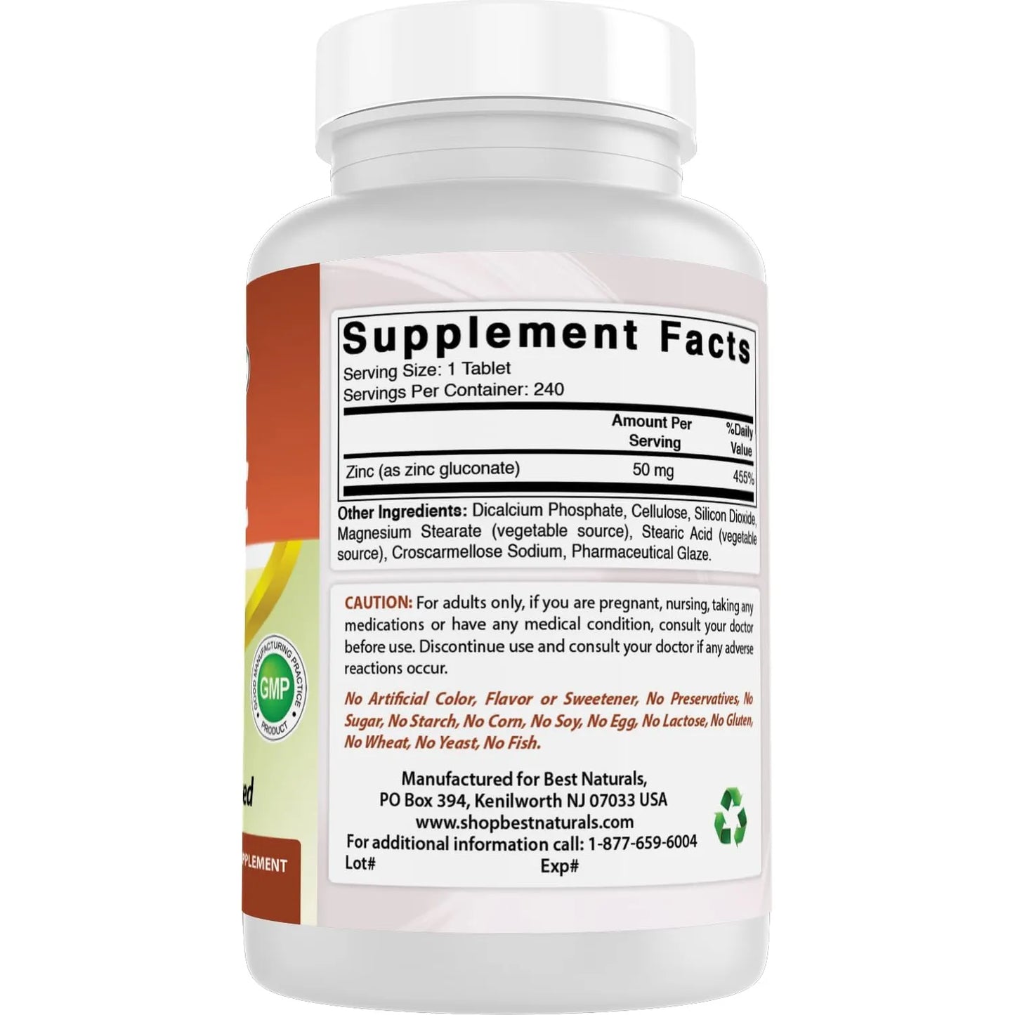 Suplemento De Zinc Gluconato 50 Mg 240 Comprimidos Paquete Doble Best Naturals