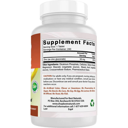 Suplemento De Zinc Gluconato 50 Mg 240 Comprimidos Paquete Doble Best Naturals