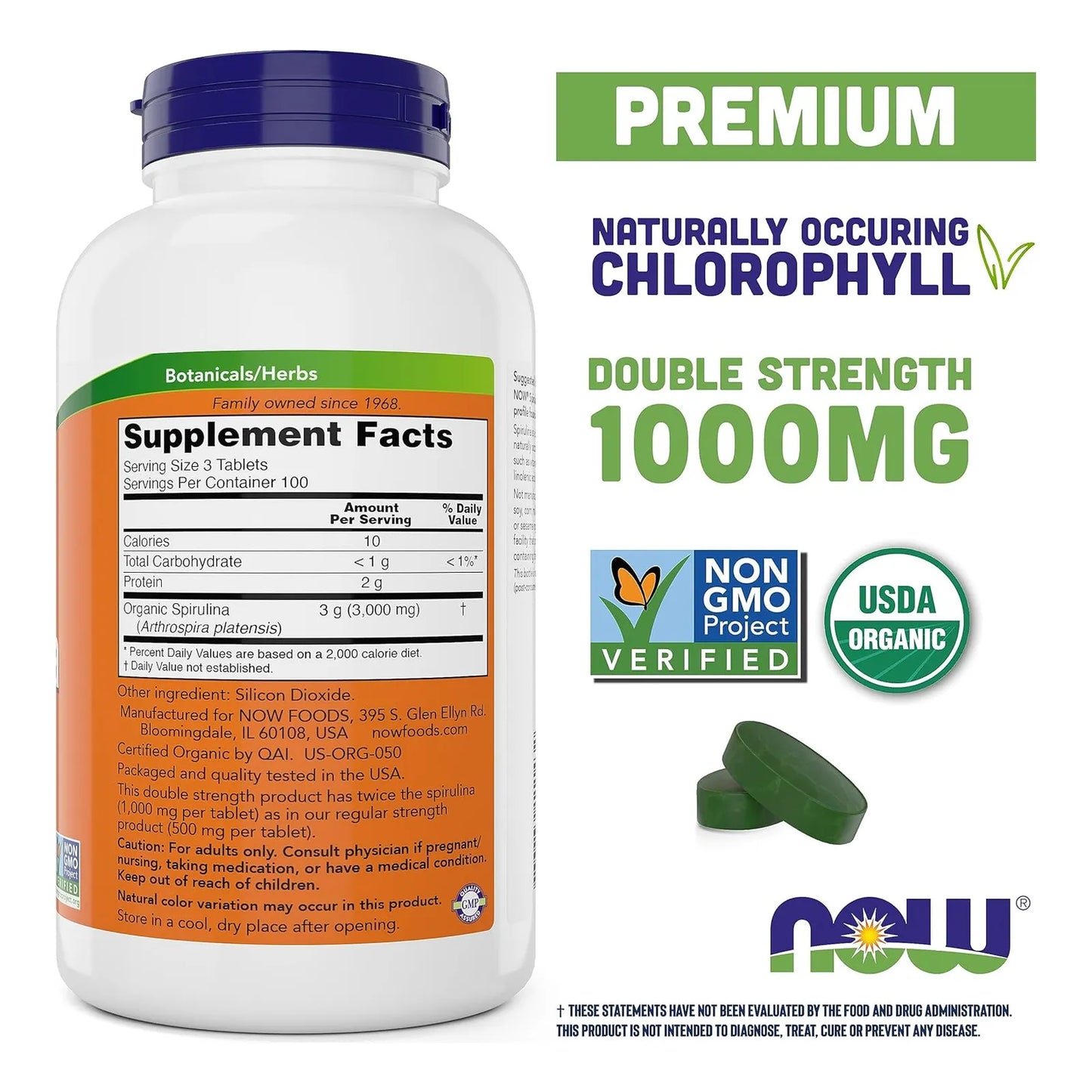 Espirulina Orgánica Doble Fuerza 1000 Mg 300 Comprimidos NOW Foods Suplemento Superalimento Verde