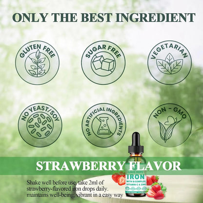 Suplemento De Hierro Liquido Con Vitamina C Y Complejo B Gotas Veganas Sabor Fresa