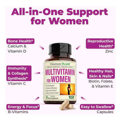 Multivitaminico Diario Mujer Soporte Inmunologico Cabello Piel Uñas 60 Capsulas