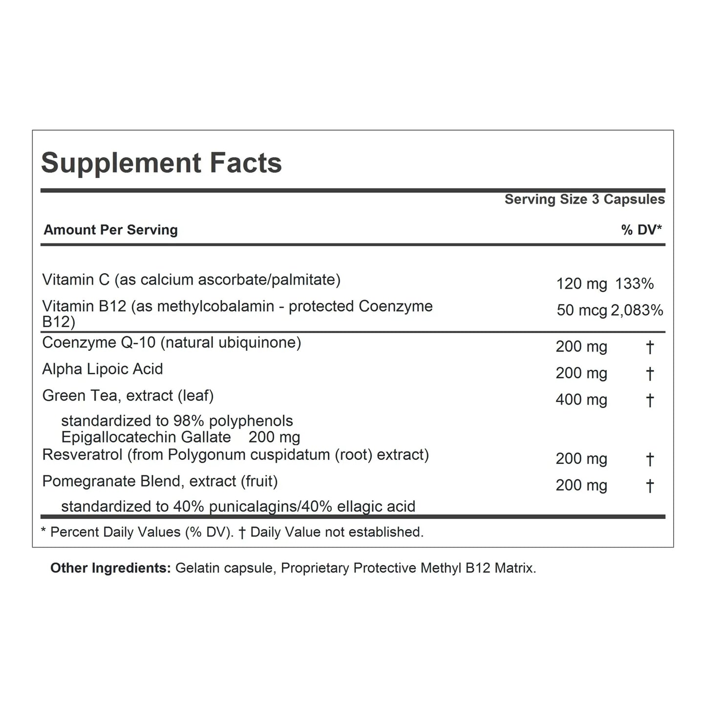 Cápsulas Antioxidantes Coenzima Q10 Resveratrol EGCG Granada Ácido Alfa Lipoico 30 Unidades