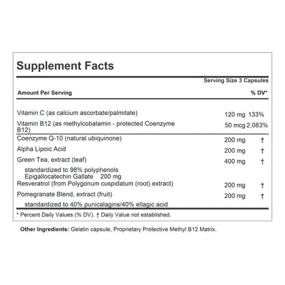 Cápsulas Antioxidantes Coenzima Q10 Resveratrol EGCG Granada Ácido Alfa Lipoico 30 Unidades