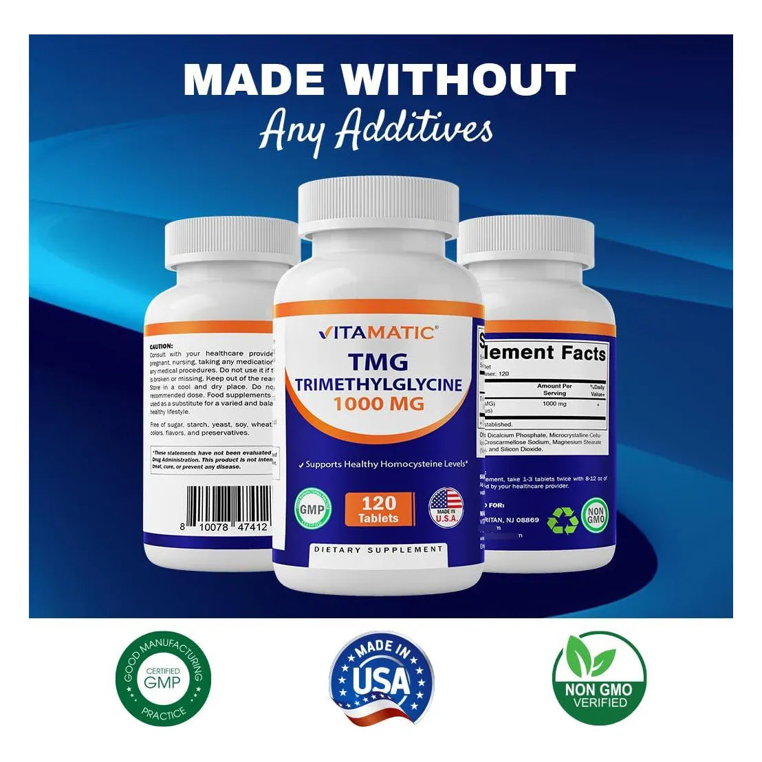 Trimetilglicina Betaína Anhidra 1000mg 120 Tabletas 2 Botellas Sin OMG Y Sin Gluten