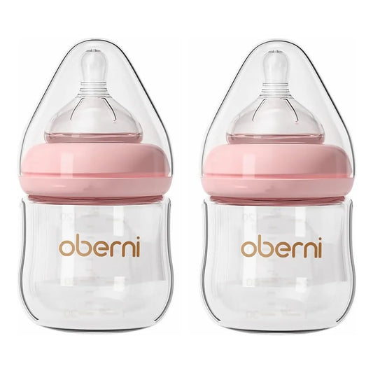 Biberón De Cristal Anticólico Cuello Ancho Flujo Lento Rosa Seguro Y Duradero