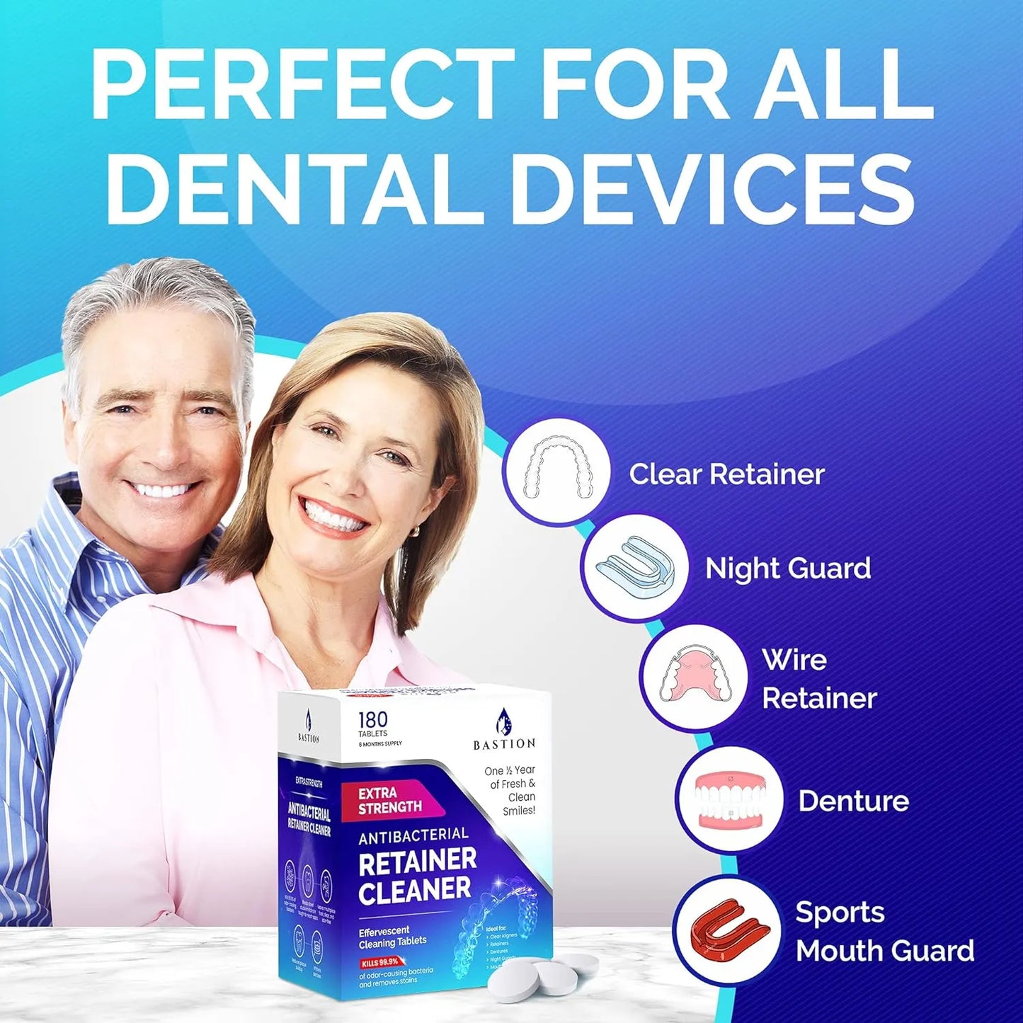 Limpiador Retenedor Y Dentaduras Bastion 180 Tabletas Efervescentes