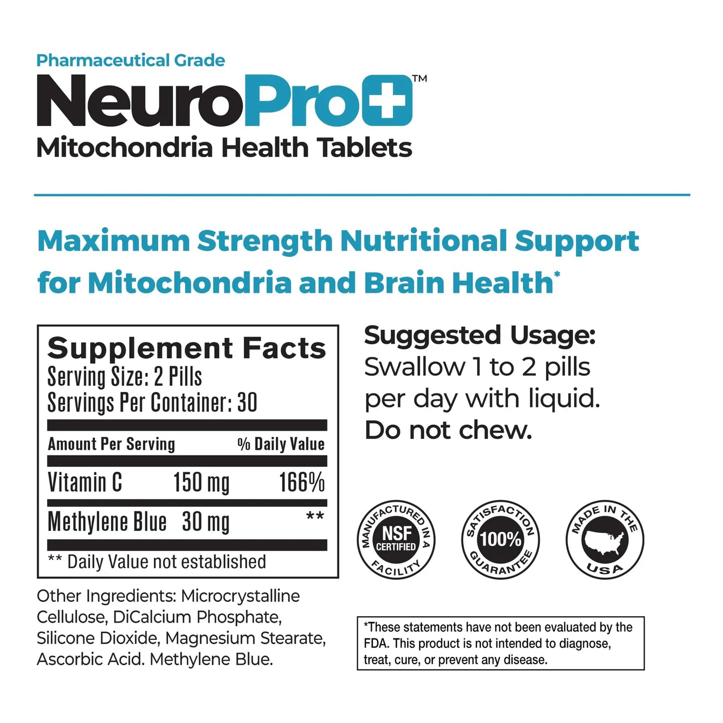 Tabletas NeuroPro+ Con Azul De Metileno Y Vitamina C 60 Unidades Soporte Cognitivo Y Memoria