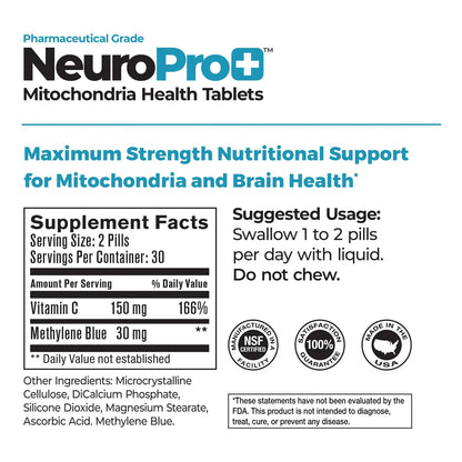 Tabletas NeuroPro+ Con Azul De Metileno Y Vitamina C 60 Unidades Soporte Cognitivo Y Memoria