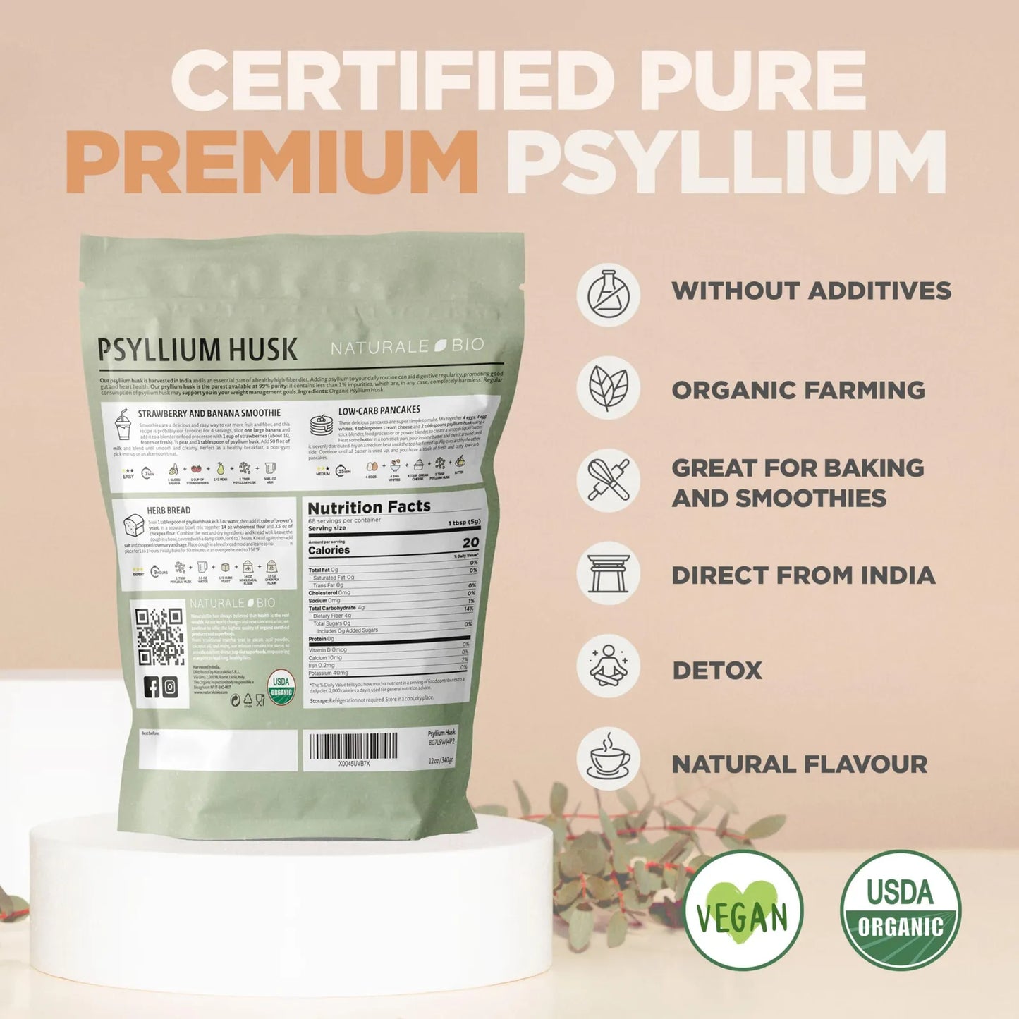 Cascara De Psyllium 340g Fibra Organica 99 Pura Ideal Para Dietas Keto Veganas Sin Gluten