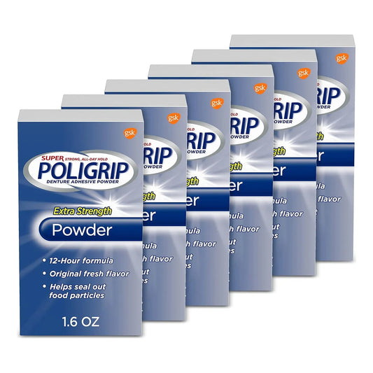 Polvo Adhesivo Extra Fuerte Super Poligrip Para Dentaduras Postizas 6 Unidades