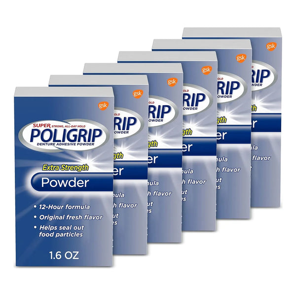 Polvo Adhesivo Extra Fuerte Super Poligrip Para Dentaduras Postizas 6 Unidades