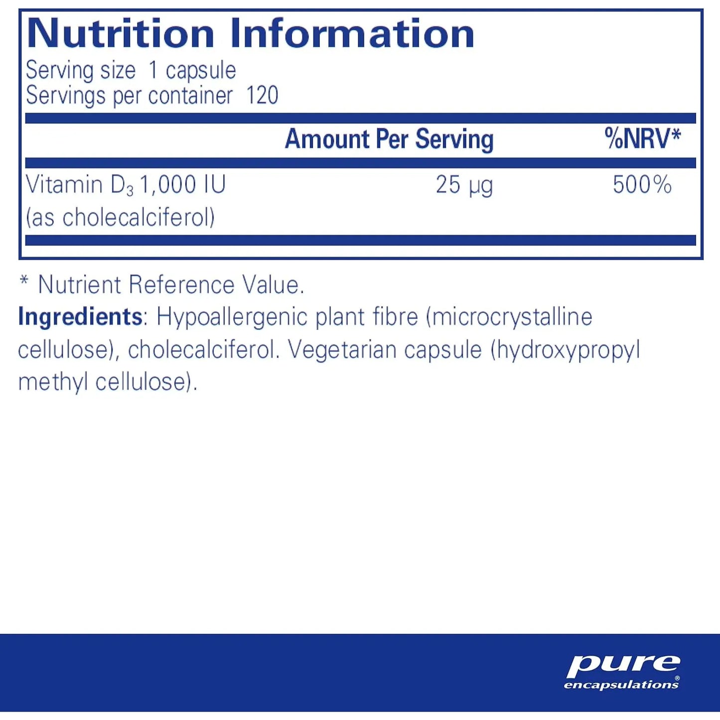 Vitamina D3 1000 IU Pure Encapsulations 120 Capsulas Salud Huesos Corazon Inmune