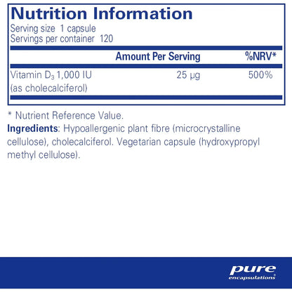 Vitamina D3 1000 IU Pure Encapsulations 120 Capsulas Salud Huesos Corazon Inmune