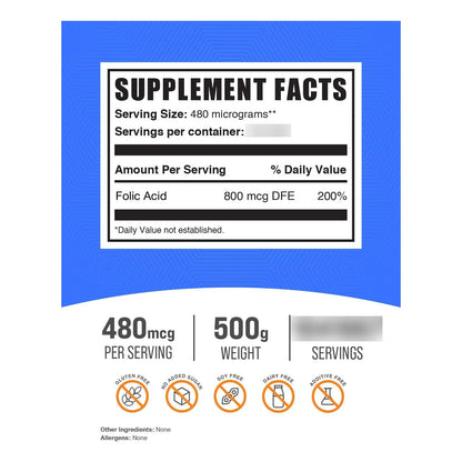 Polvo Acido Folico Vitamina B9 800 Mcg 500 Gramos Suplemento Energia Salud