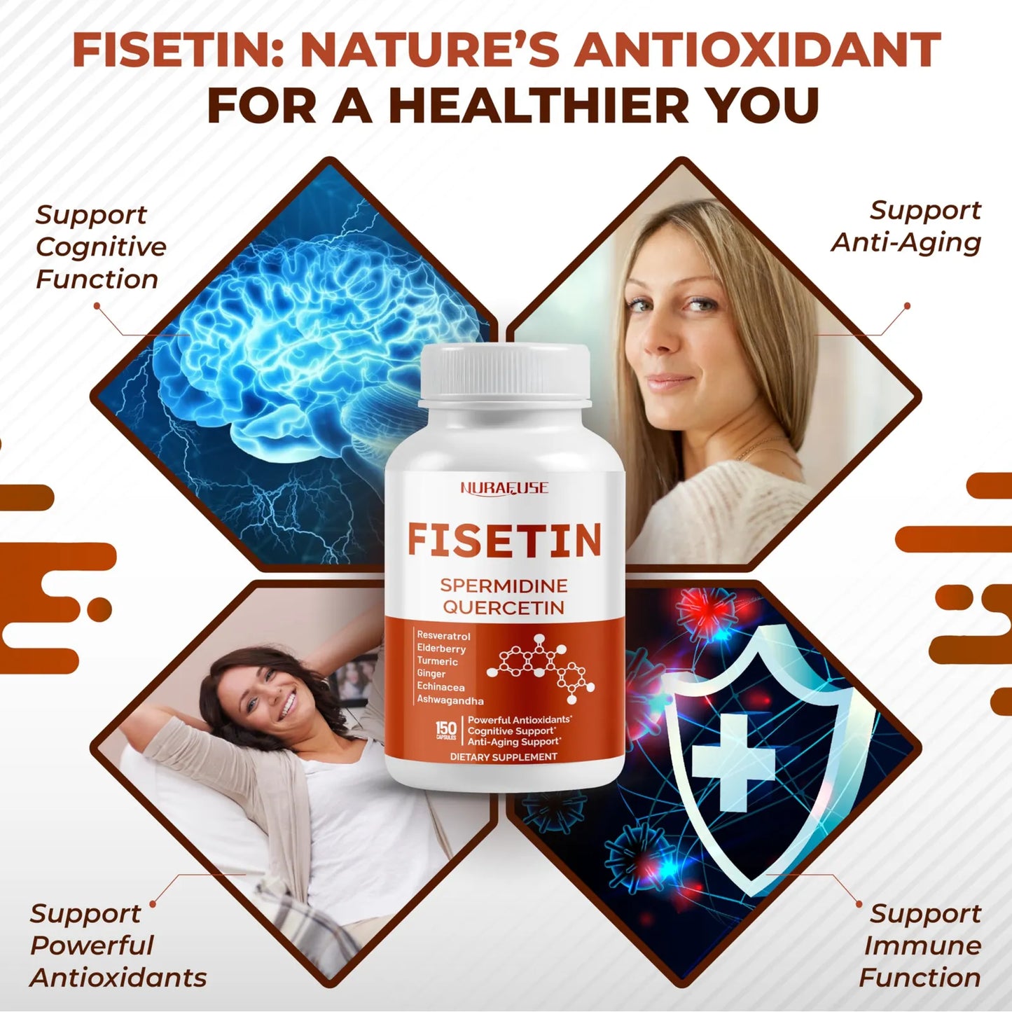 Fisetina 10 En 1 Con Resveratrol Quercetina Espermidina Saúco Suplemento Premium 150 Cápsulas