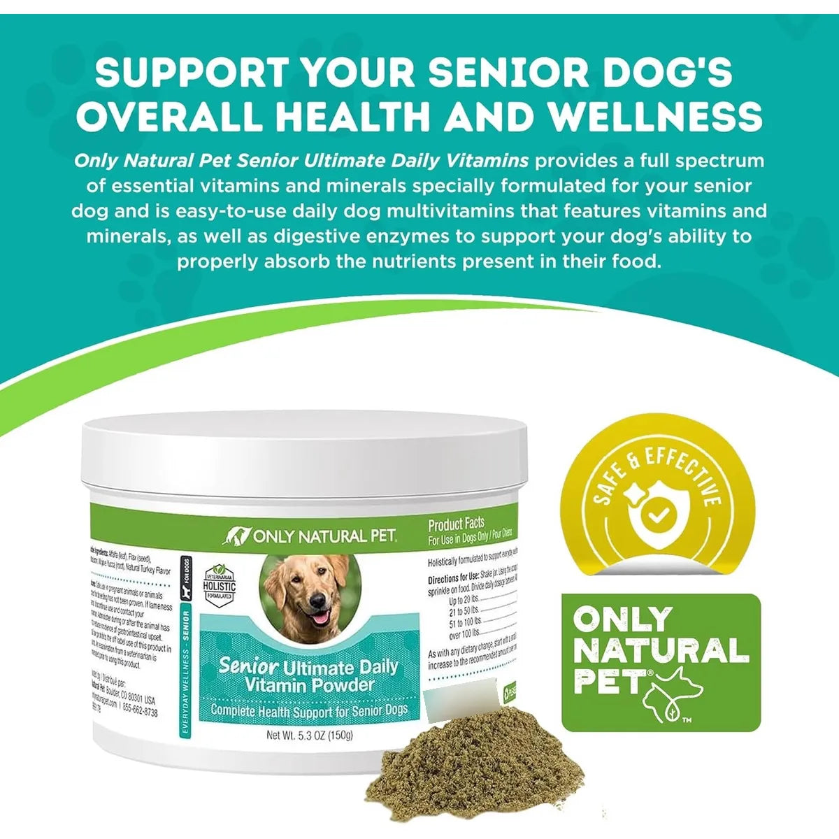 Vitaminas Diarias Para Perros Mayores Only Natural Pet Suplemento En Polvo Sabor Pavo 5.3 Onzas