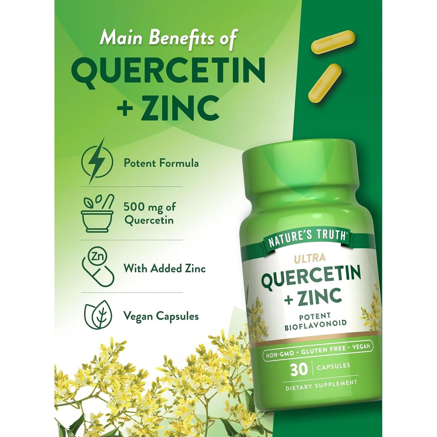 Quercetina Con Zinc 500 Mg 30 Capsulas Vegano Sin Gluten Nature's Truth